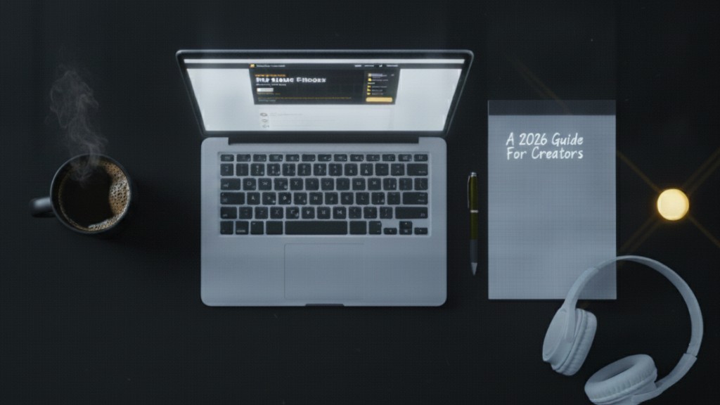 Creator desk with laptop showing video editing software and notebook