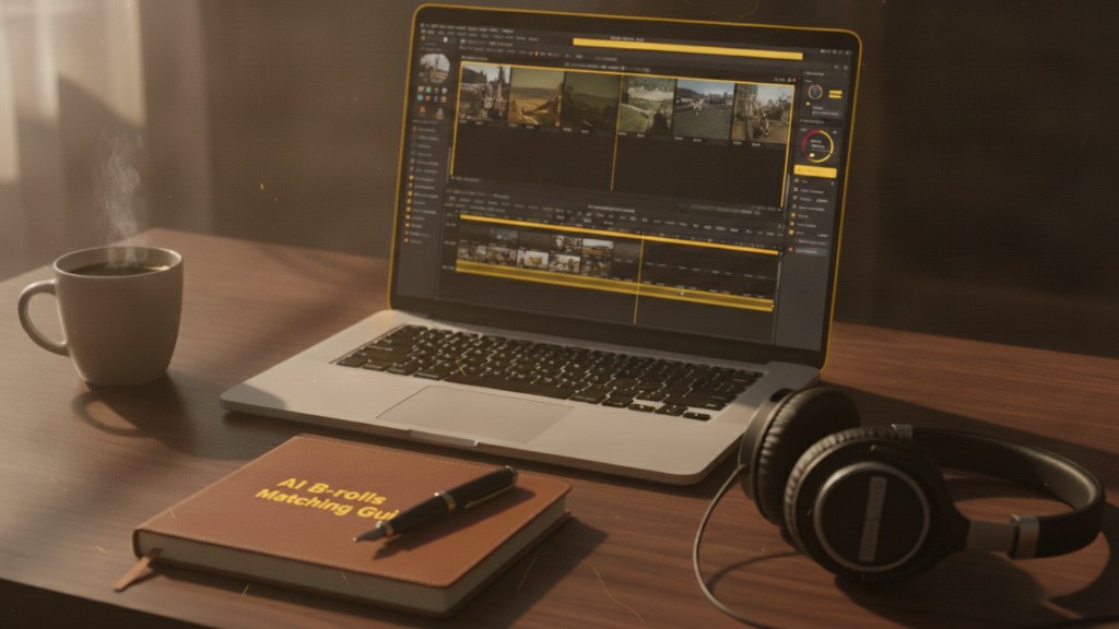 Notebook titled AI B-Roll Matching Guide next to a laptop with video editing software