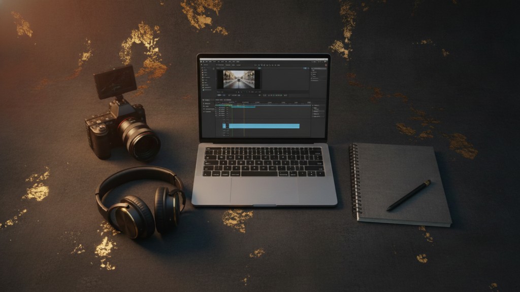 Creator desk with laptop timeline, camera, headphones, and notebook