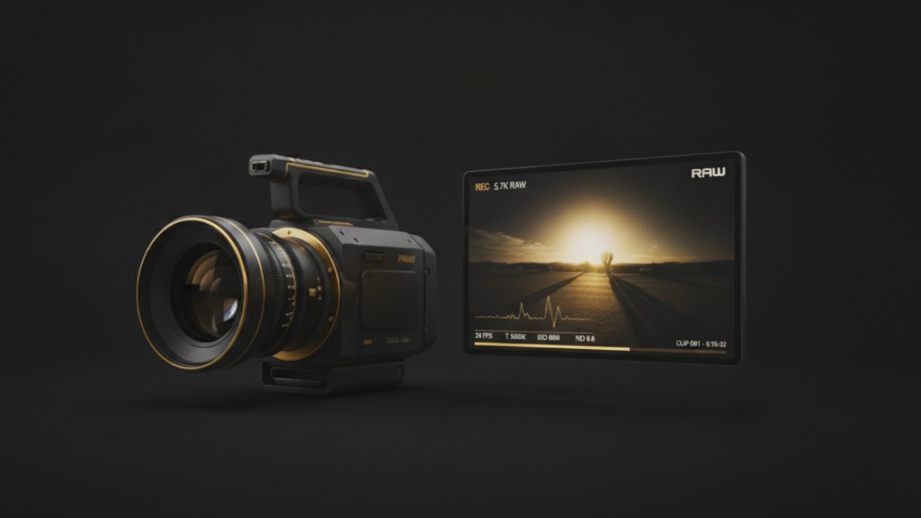 Professional cinema camera and monitor showing a sunset scene on set